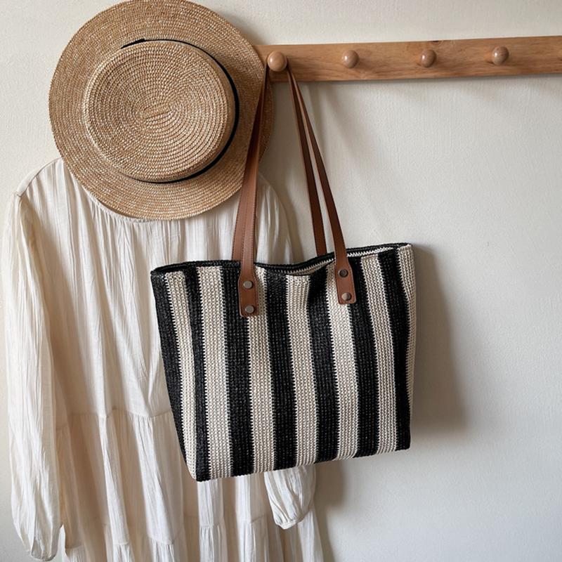 

Плетеная сумка большого объема для женщин, новая настраиваемая полосатая сумка через плечо, пляжная сумка для отпуска и отдыха 42x10x31cm чёрный