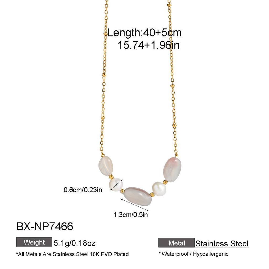 Luxurious European-Style Natural Stone & Pearl Necklace with Gold-Plated Stainless Steel Layered Design for Women