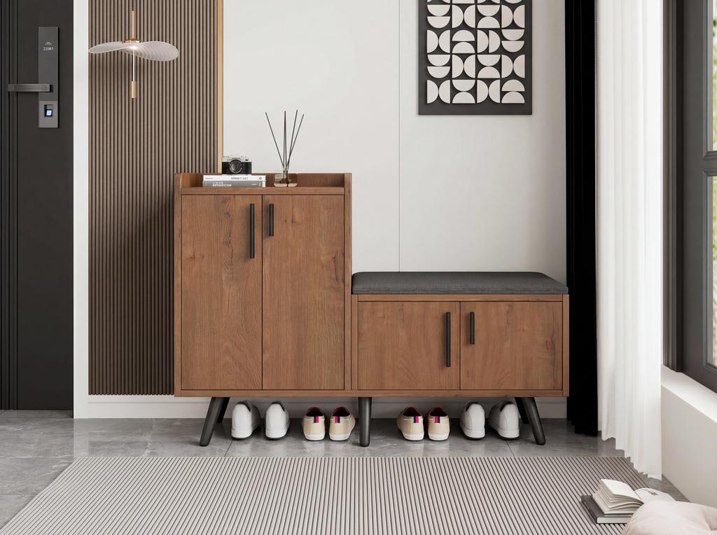 Modern Shoe Bench with Wood Grain, Shoe Cabinet, Four Storage Doors, Asymmetrical Metal Handles, W120/D34/H82.8 CM (OLD SKU: N657P242917N)
