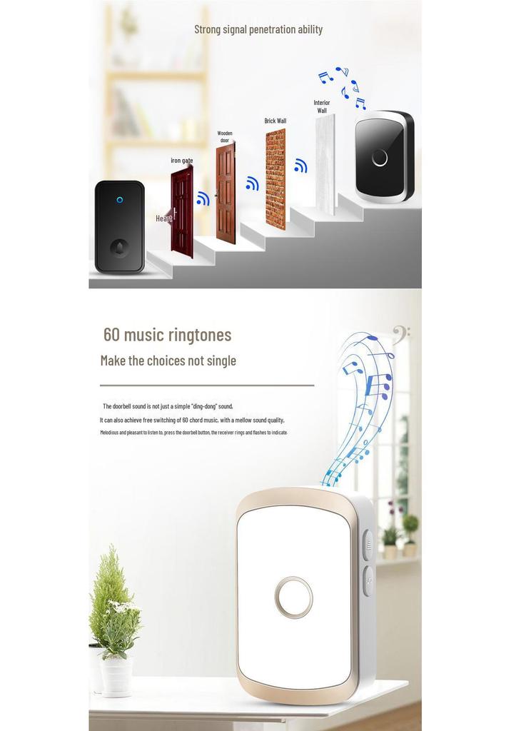 Self-Powered Wireless Doorbell, Long-Range Remote Chime with Elderly Call Button