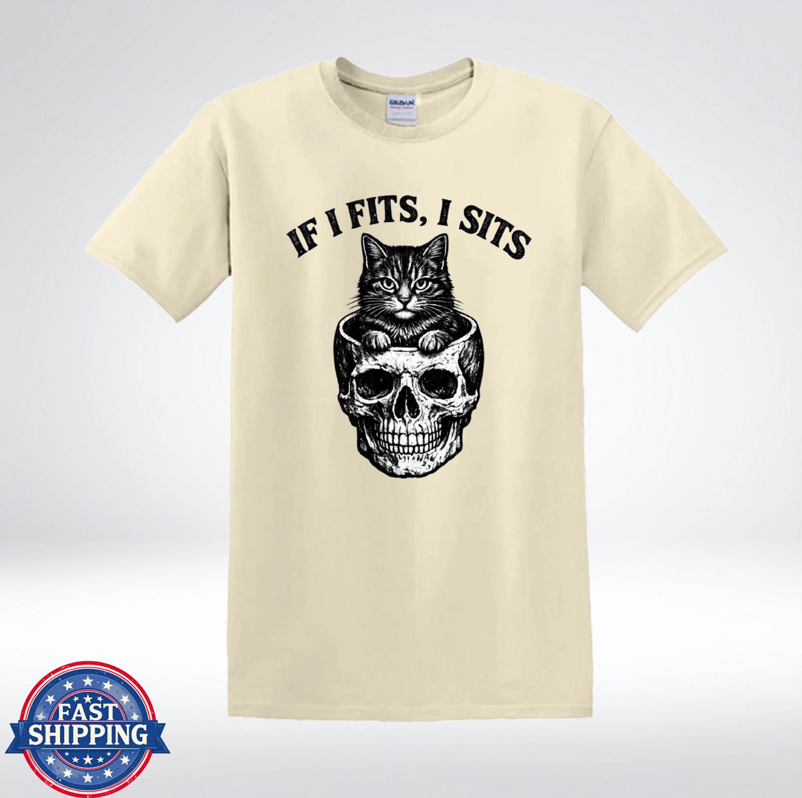 If I Fits I Sits Cat Skull Shirt Funny Gothic Cat Lover T-Shirt XXL