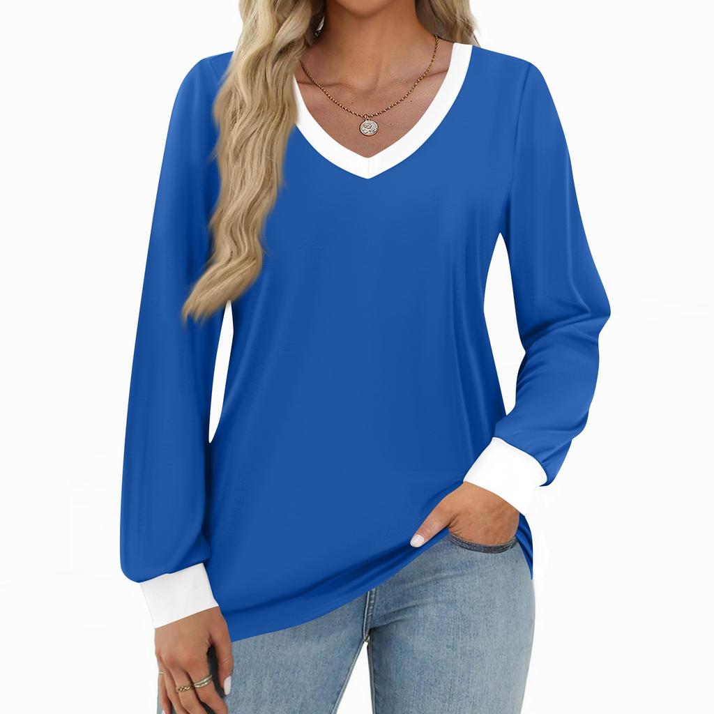 Women's Fashion Casual Long Sleeve Color Block Shirt Women's V-Neck Tops