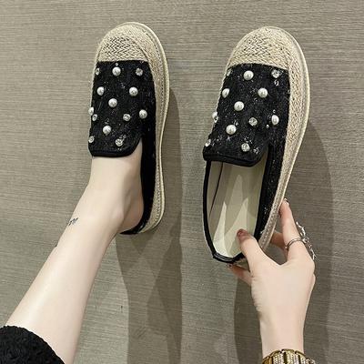 Straw Fisherman Slippers Women 2025 Summer New Baotou Low Heel Flat Bottom Rhinestone Flowers Leisure Internet Celebrity Half Drag Women