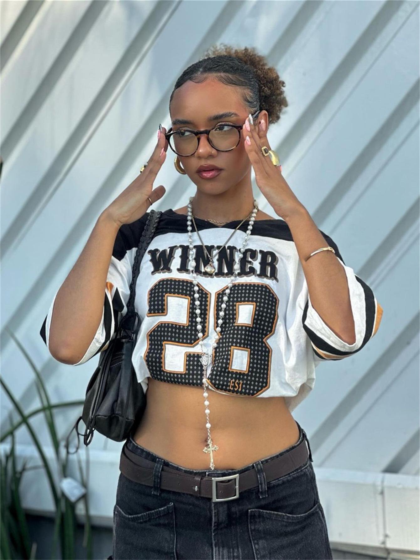 

Autumn European & American Casual Color Block Print Short-Sleeve T-shirt for Women Large чёрный