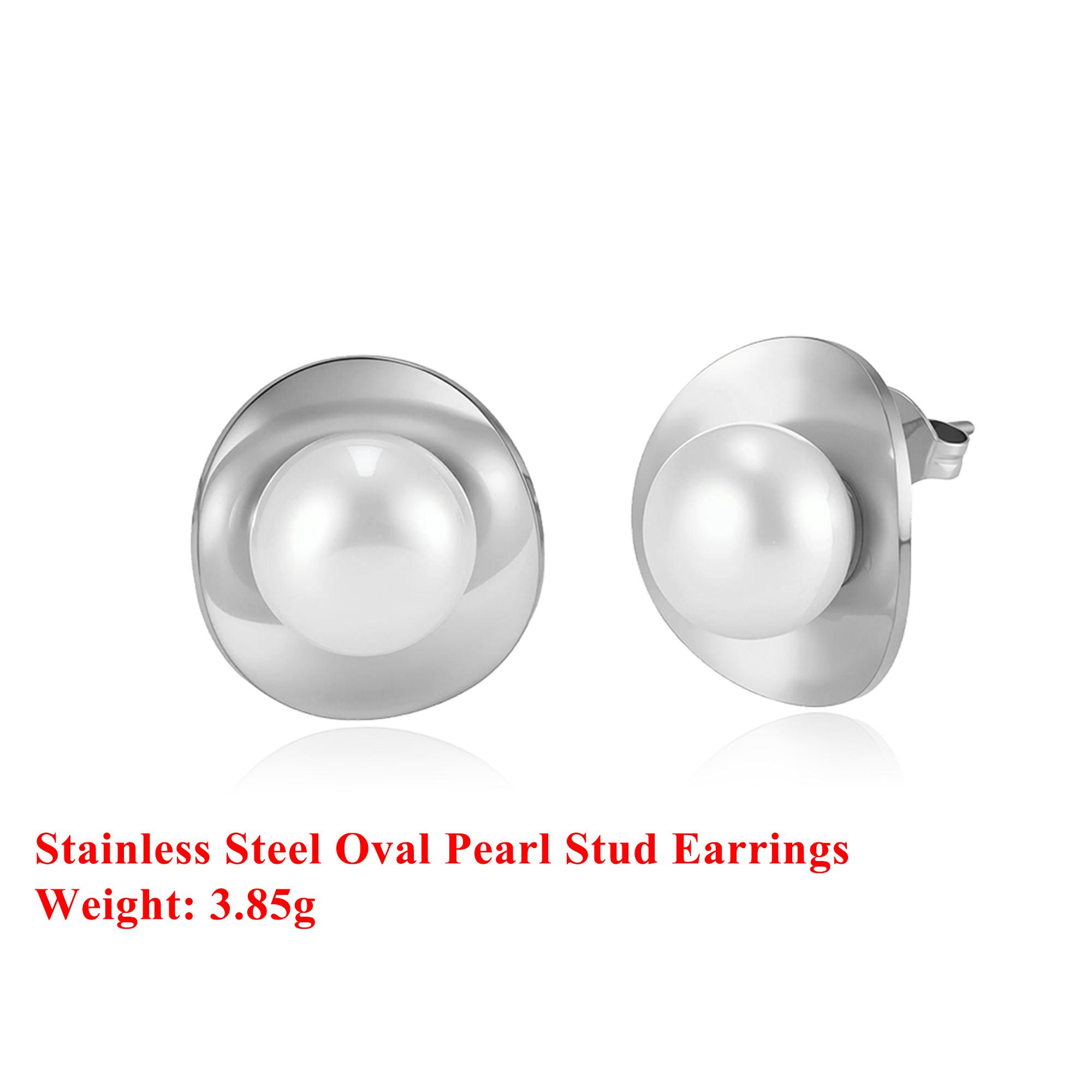 

Effie Queen Stainless Steel 18k Gold Oval Pearl Stud Earrings Ideal Jewelry for Women, Men Wedding Party Banquet Gift STPE05 серебряный