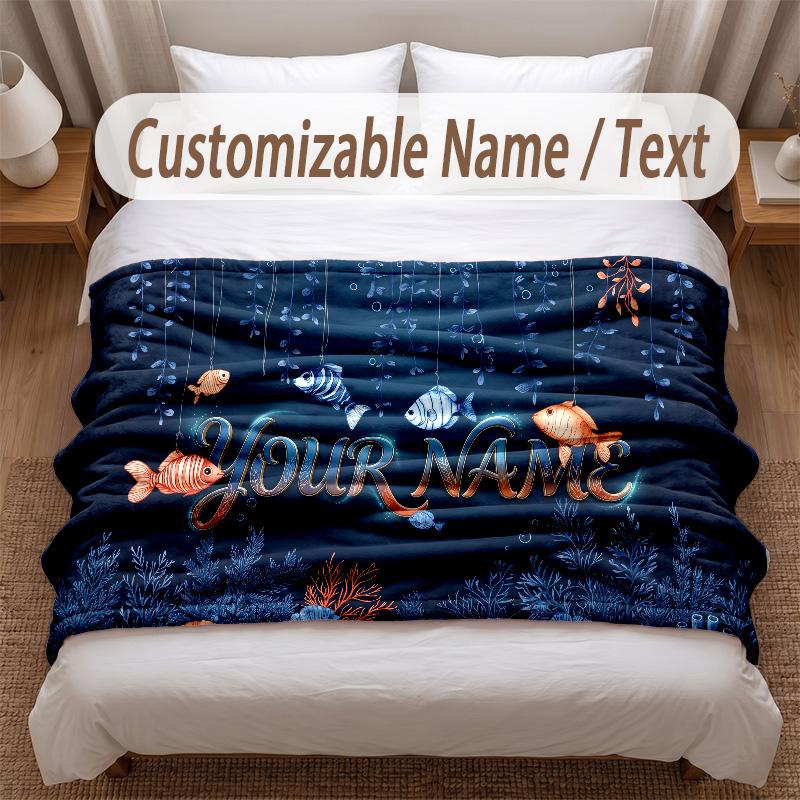 Fish Ocean Theme Soft Blanket Personalized Custom Name Text Print Warm Blanket Home Sofa Bedroom Decor