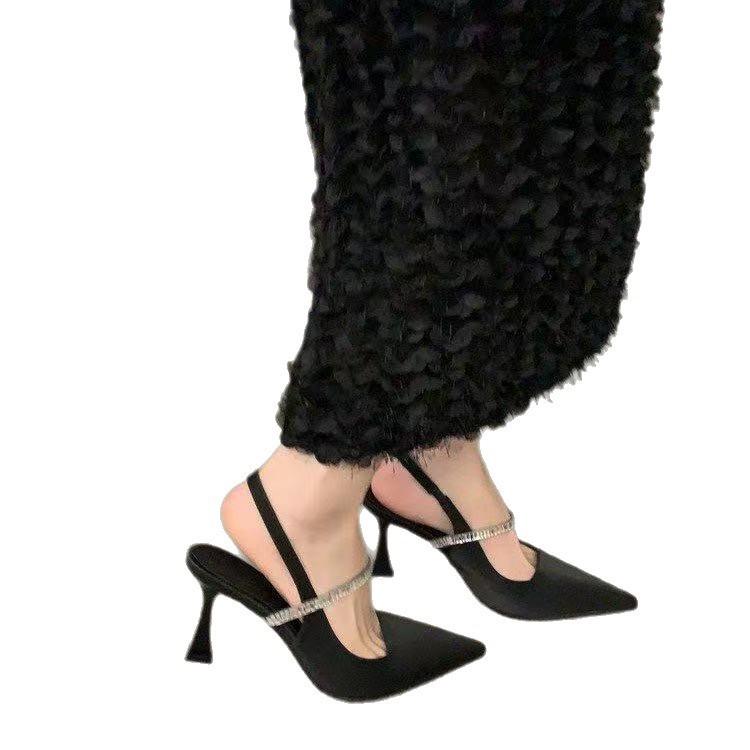Temperament New Summer French with Skirt Black 2025 Rhinestone Sandals High Heels Women's Pointed Stiletto Shoes