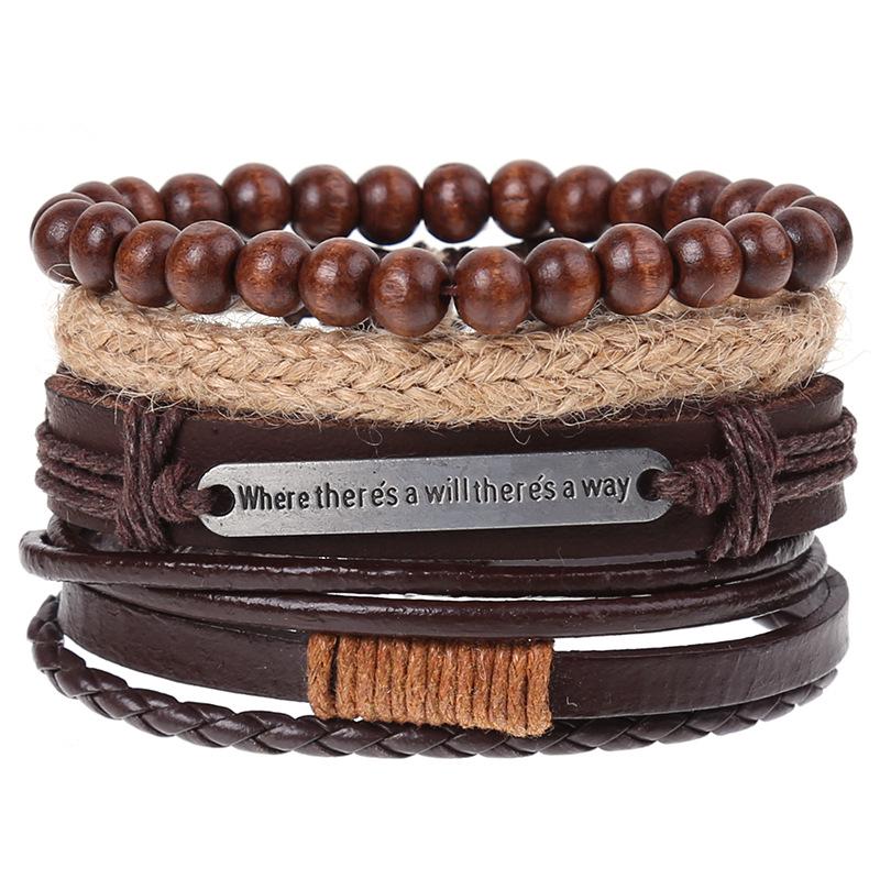 Retro Woven Cowhide Leather Men's Bracelet Set - European & American Handmade DIY Knot