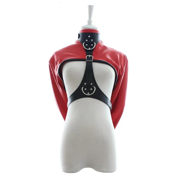 Manyjoy PU Leather Straight Jacket Top Women's Open Breast Jacket Straight Body Arm Binder Harness  Role Play Costumes