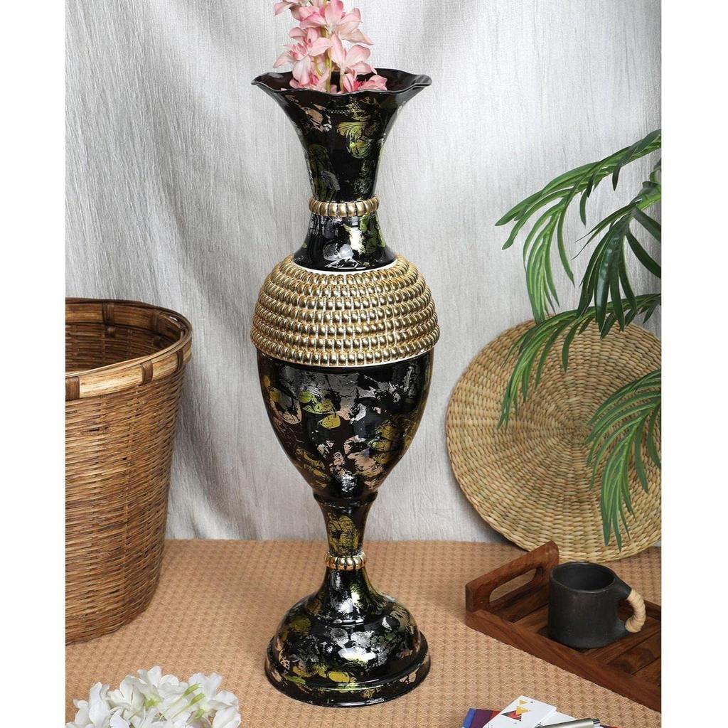Cast Iron Cylindrical Flower Vase Big Size for Living Room Corner - 24 Inches Long - Sparkle - Pack of 1, Black