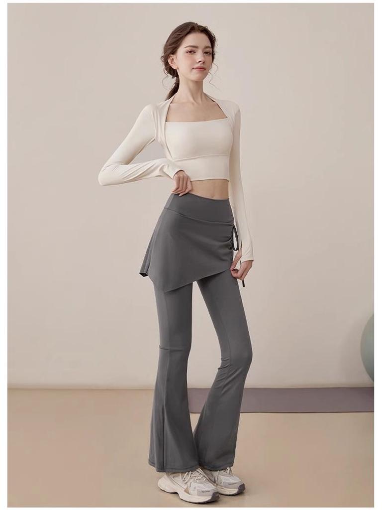 Pantaloni fustă de yoga pentru femei 2025: Pantaloni lungi eleganți tip două piese false, micro evazați, pentru alergare și fitness, pentru primăvară