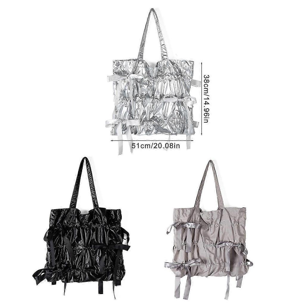 Korean Style Unique Pleated Shoulder Bag with Elegant Bows Nylon Handbag for Fashionable Women and Office Ladies  Silver