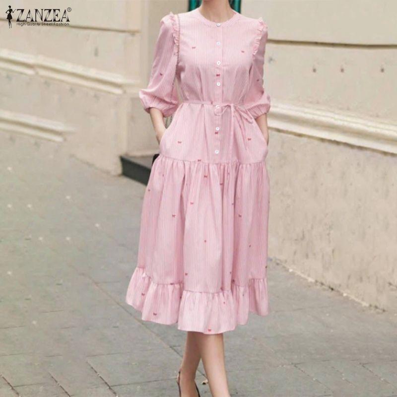 ZANZEA Damen Freizeit Rundhals 3/4 Ärmel Locker Gestreiftes Kleid