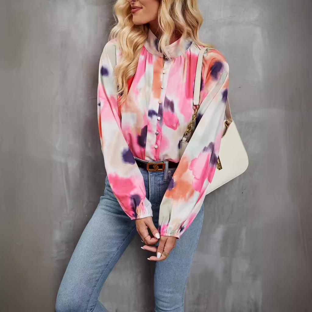 Camisa com estampa floral para mulheres, gola alta, manga comprida, camisa com botões, casual, moda outono, saia solta, respirável, leve e confortável