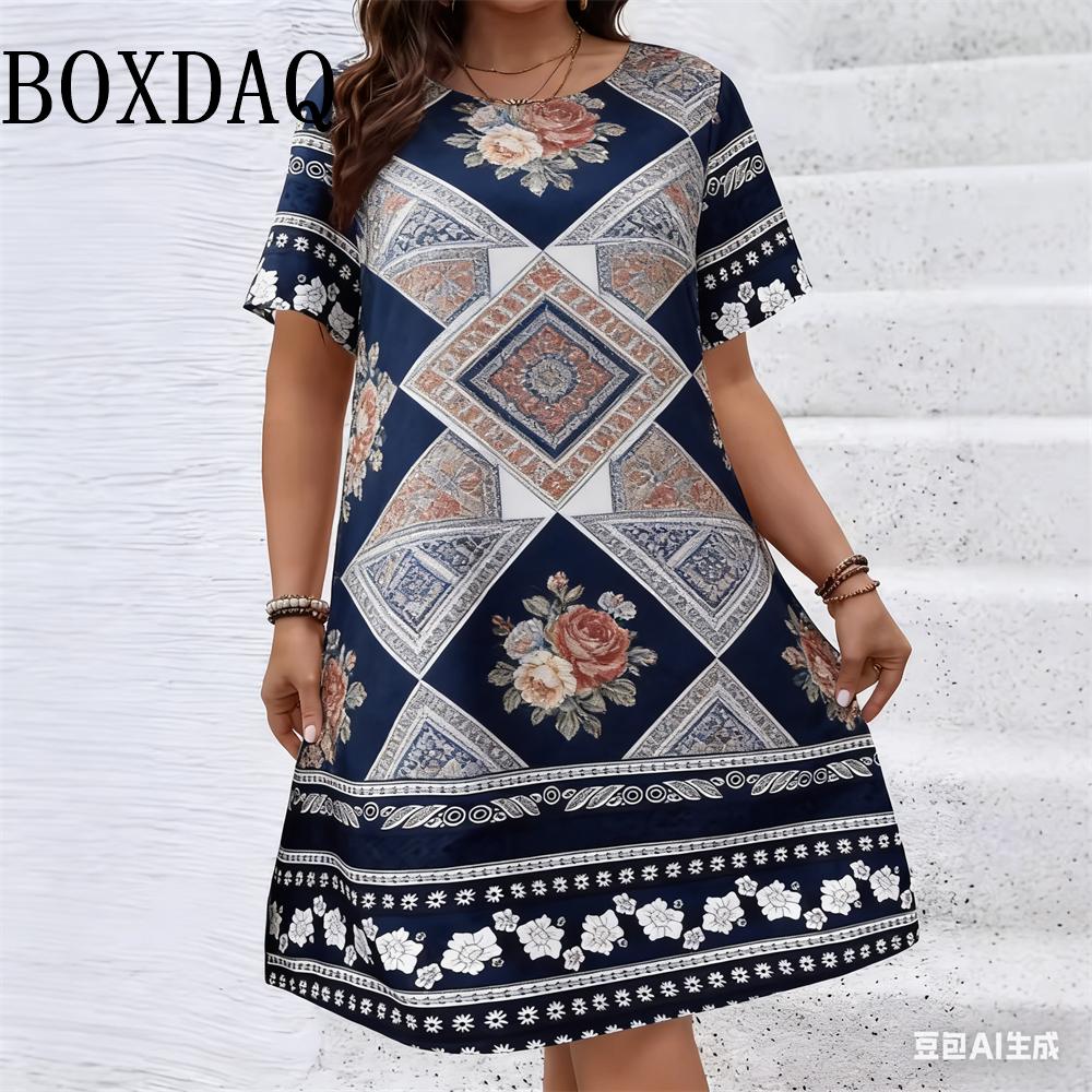

Ethnic Style Pattern Geometry Flower Dresses For Women 2026 Summer Fashion Plus Size Short Sleeve Print Dress Casual Retro Loose S