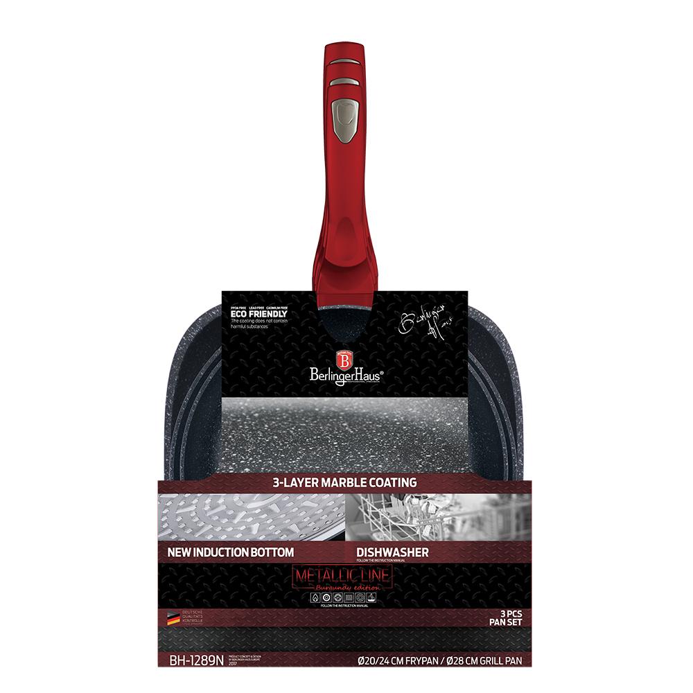 Zestaw 3 Patelni Z Powłoką Granitowąch 20/24/28cm BERLINGER HAUS Metallic Line Burgundy BH-1289-N