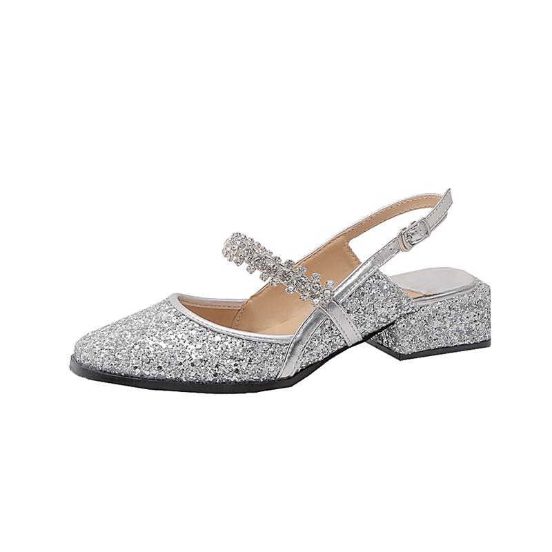 Women's Shoes 2024 Shiny Sequins Square Heel Sandals Women's Party Shoes Fashion Elegant Mid Heel Sandals Chaussure Femme