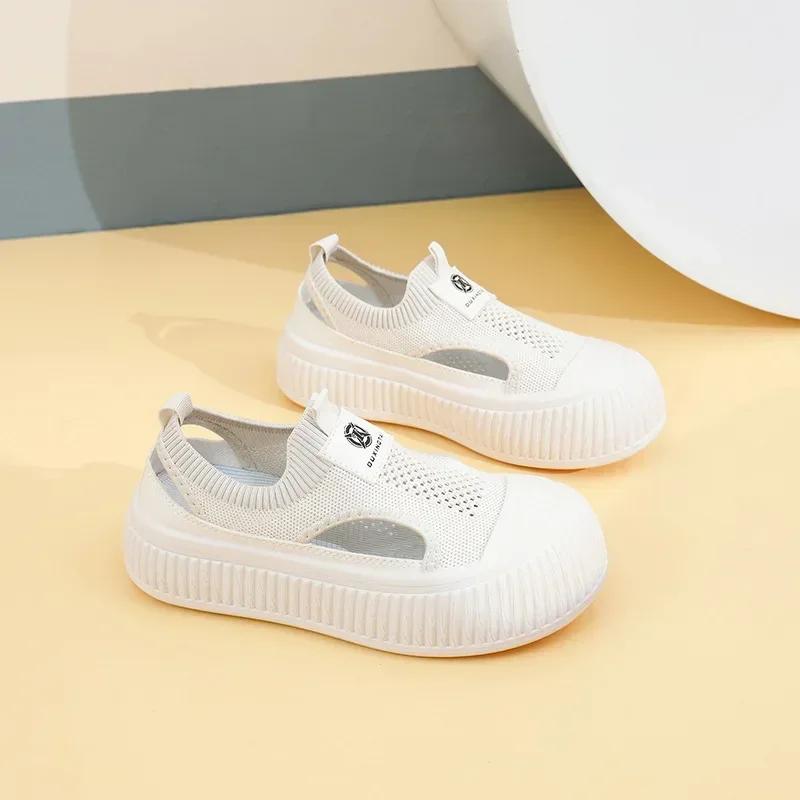 New Korean Mesh Hollow Out Breathable Flat Shoes White Casual Platform Knitted Shoes Sneakers Zapatillas Mujer 2025