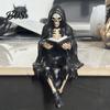Skeleton Desktop Decor Halloween Reading Book Figurine, Spooky Devil Resin Sculpture, Gothic Ornament Black Robe Grim Reaper Statue for Home