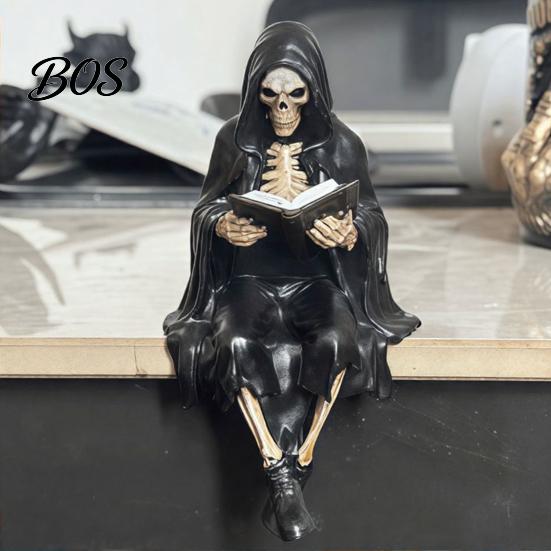 Skeleton Desktop Decor Halloween Reading Book Figurine, Spooky Devil Resin Sculpture, Gothic Ornament Black Robe Grim Reaper Statue for Home
