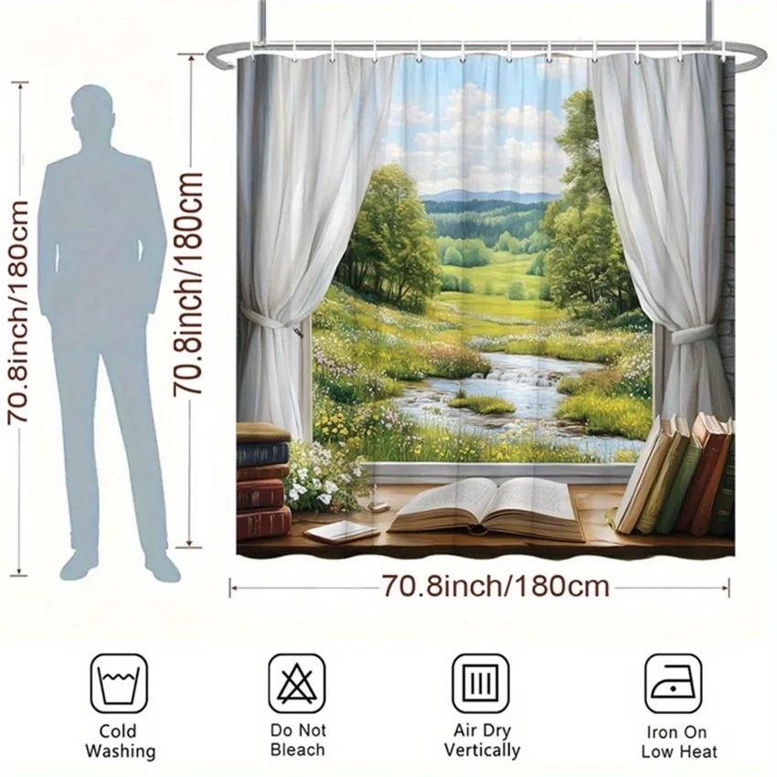 Tenda da Doccia in Poliestere - Scena di Campagna con Vegetazione e Ruscello, 70,8X70,8", 12 Ganci, Lavabile e Durevole