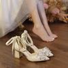 Casual Fashion Pearl One Word Wedding Single Shoes Summer New Pointed Toe Shallow Slip Rhinestone Bow Square Heels