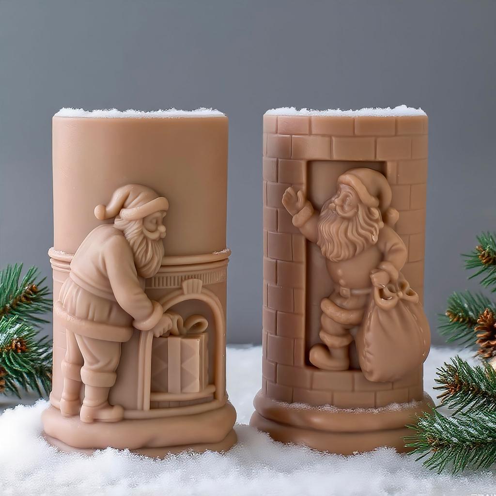 Relief Cylinder Santa Claus Christmas Candle Mold Handmade Aroma Gypsum Form Silicone Mould Xmas Candle Soap Making Supplies