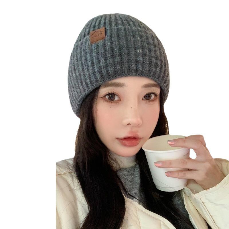 Hat Female Alphabet Leather Label Knitted Wool Hat Winter Warm Student Pullover Hat Thick