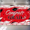 Red Congrats Grad Backdrop, Black and Red Graduation Tapestry with Cap and Diploma for Grad Party