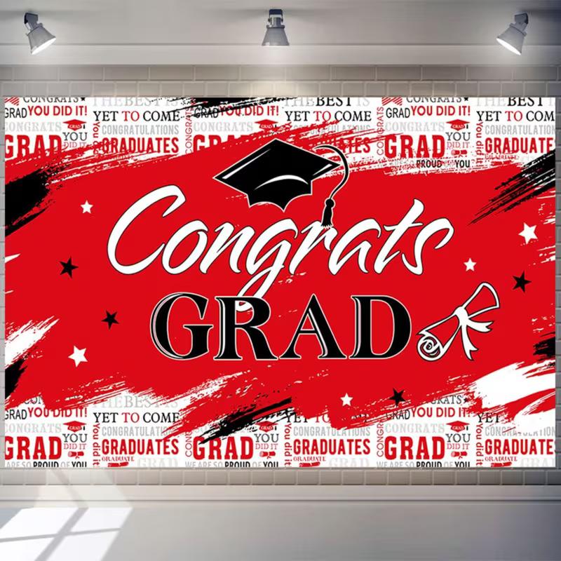 Red Congrats Grad Backdrop, Black and Red Graduation Tapestry with Cap and Diploma for Grad Party