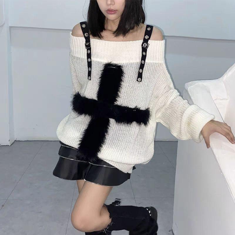 Gothic Punk Hollow Out Oversized Sweater Women Harajuku Grunge Off Shoulder Pullover Casual Knitwear Jumper Y2K E-girl
