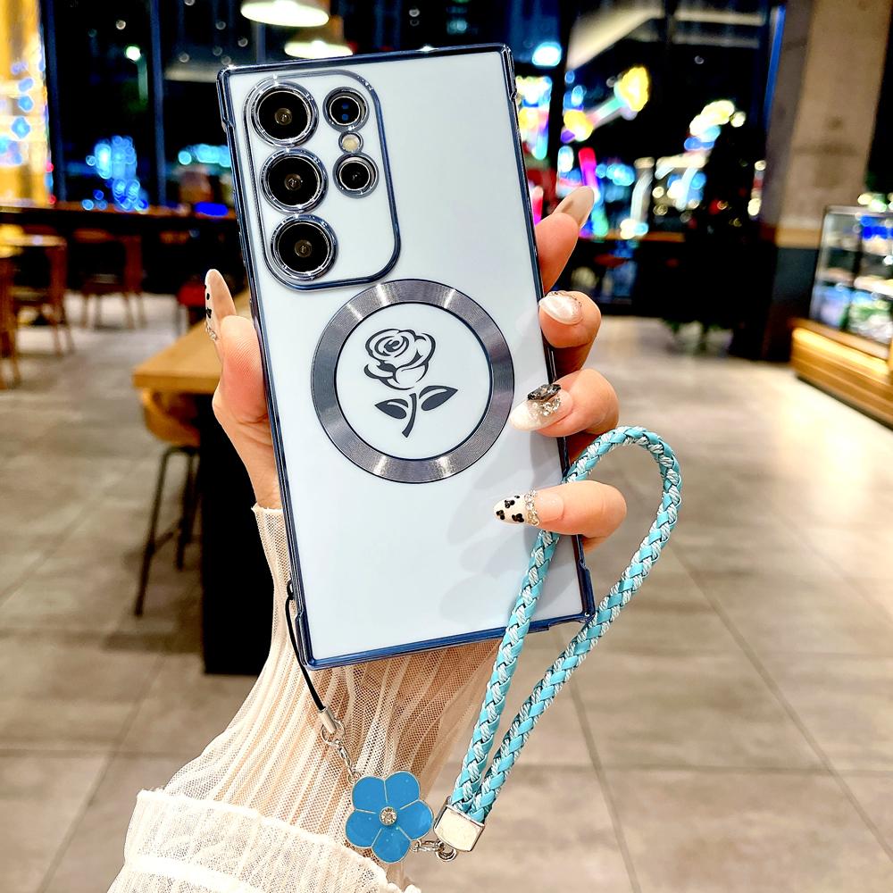 Plating Soft TPU Rose Case For For Samsung Galaxy S26 S25 S24 S23 S22 S21 Ultra Plus S25Ultra Magsafe Charge Cover Lanyard Bracelet