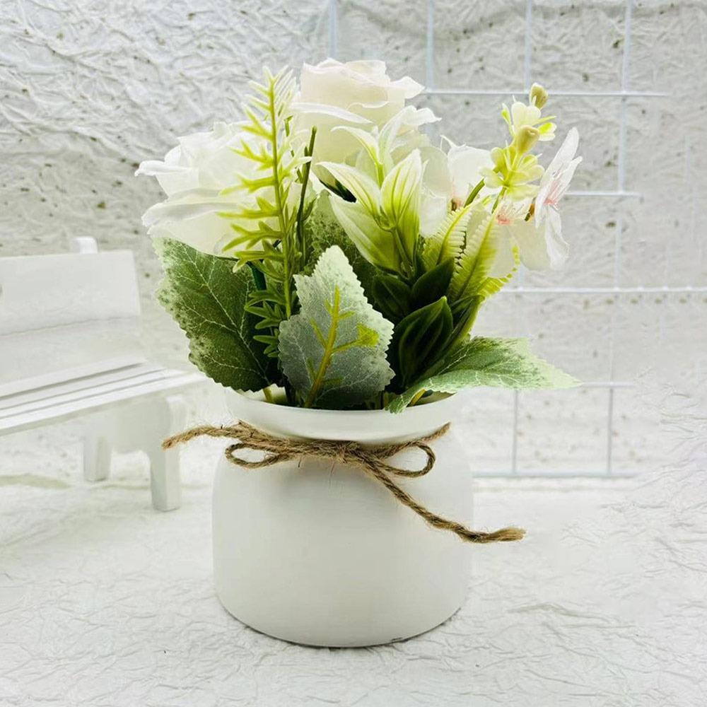 с горшками 3Розы Цветок Искусственное Растение в Горшке Миниатюра Реалистичные Поддельные Ложные Растения Яркий Цвет Симулированное Растение в Горшке бежевый