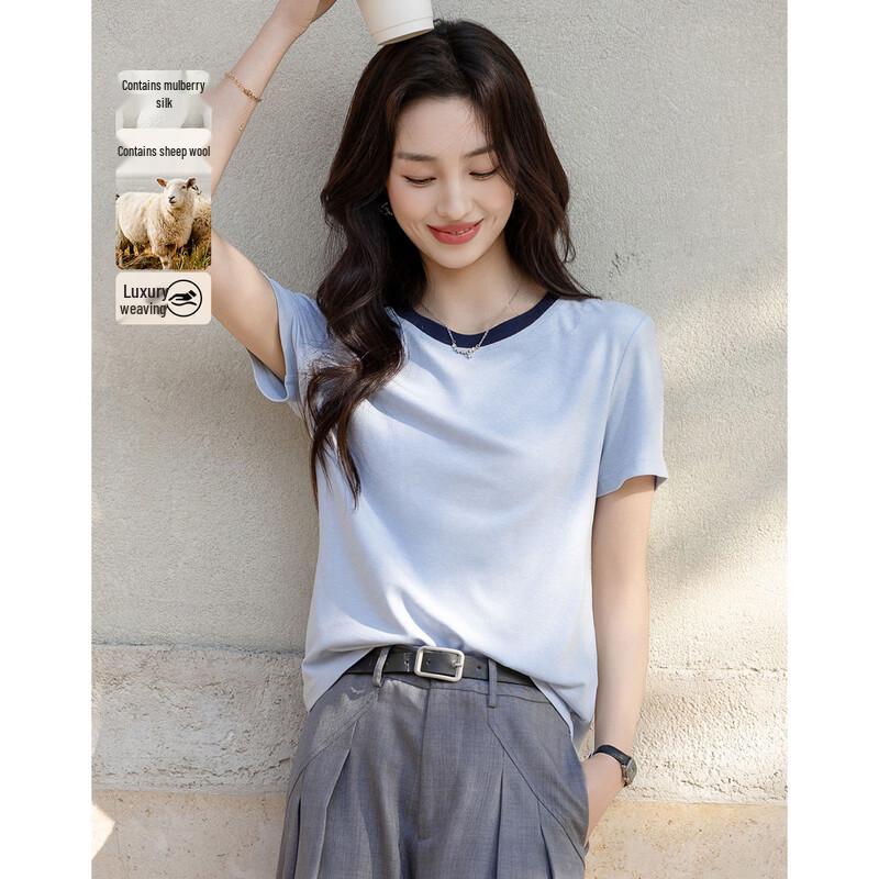 Demana Women s Lyocell-Wool Blend Color Block Round Neck T-Shirt XL