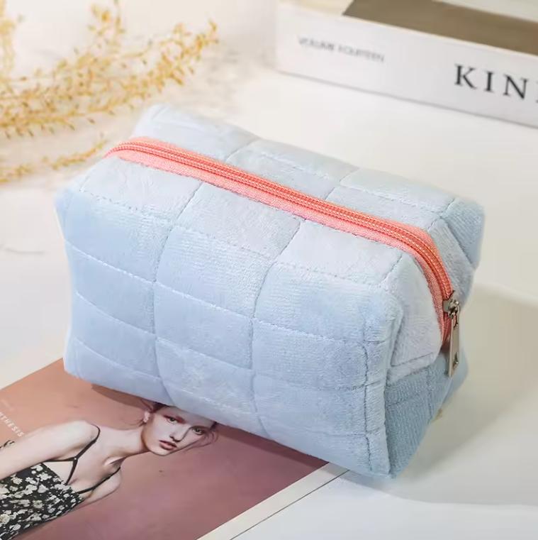 Cute Soft Plush Small Cosmetic Bag Portable Travel Pouch Solid Color Zipper Toiletry Storage Organizer for Women Makeup