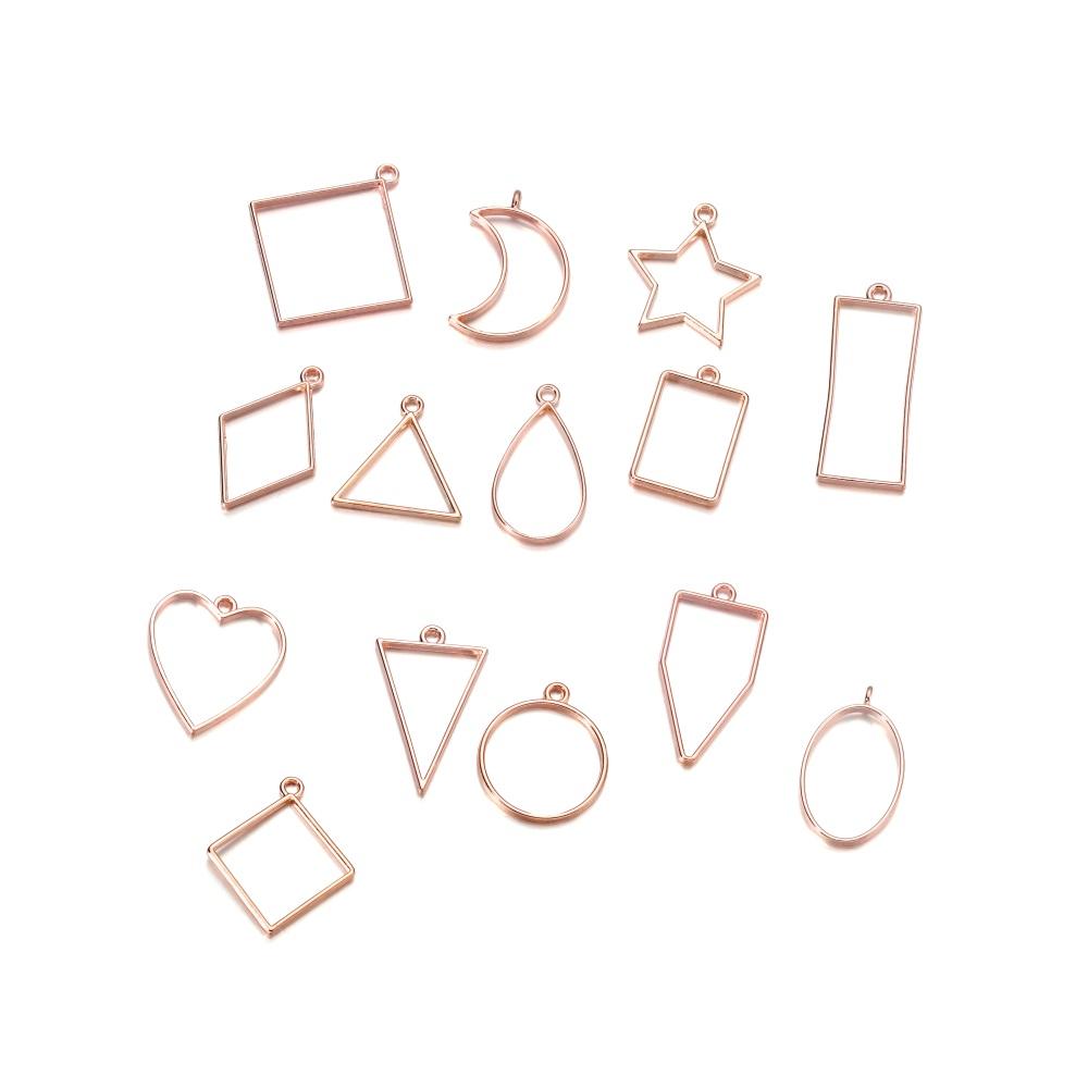 14Pcs/Lot Mixed Style Geometric Hollow Metal Frame Pendant for DIY Epoxy Resin Necklace Pendant Jewelry Making Accessories