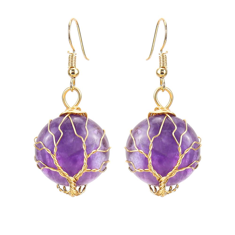 Tone Gold Winding Amethyst Rough Stone Round Tree Of Life Earrings Stud Earrings Pendant E49