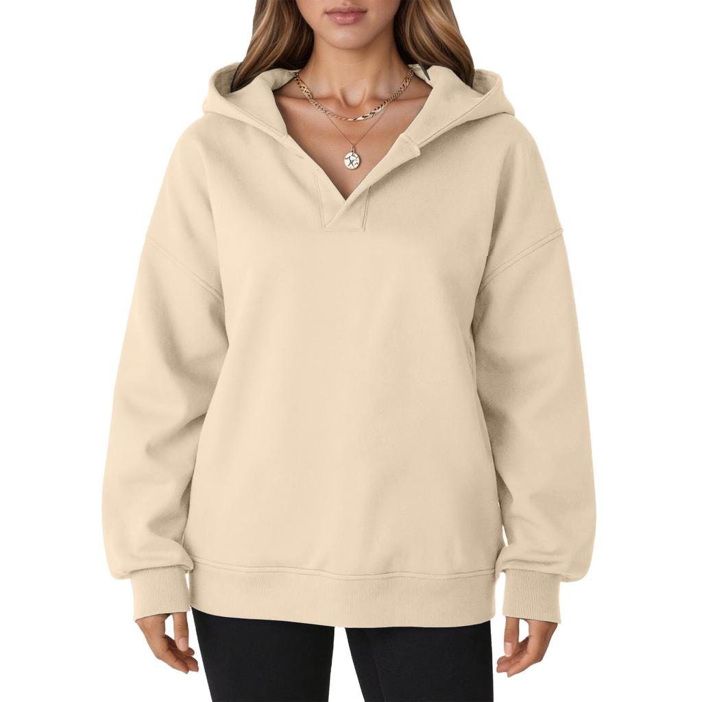 Women's Casual V-neck Pullover Long-sleeve Solid Color Fleece-lined Hooded Sweatshirt Top