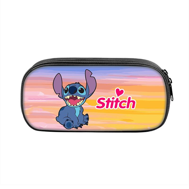 Stitch Pencil Case With Dual Zipper Polyester Storage For Kids And Students