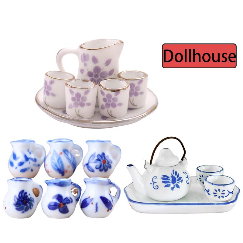 1Set Dollhouse Miniature Simulation Ceramic Tea Set Combination Teapot Tea Cup Tea Tray Model Decor Toy Doll House Accessories