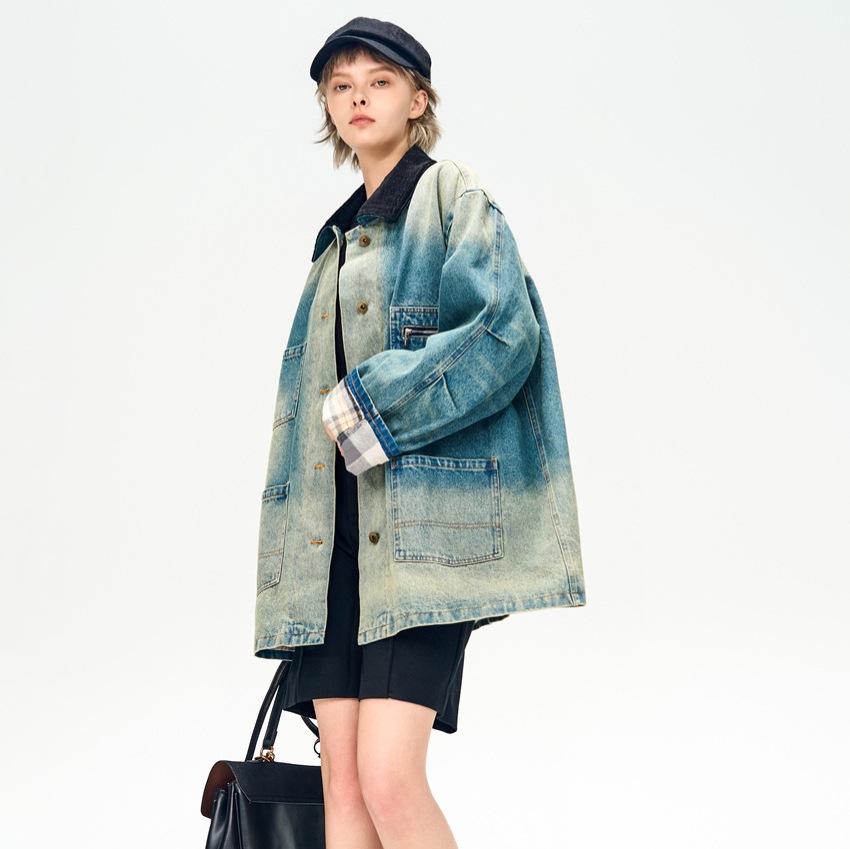 Women s Spring Mid-Length Patchwork Denim Jacket with Lapel and Multi-Pocket Design One Size синий