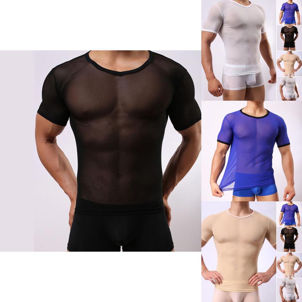Men's Slim Fit Sexy Mesh Sheer Short Sleeve Gym Tops Chic And Stylish T-shirt