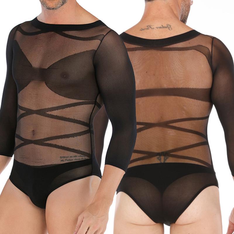 Men Bodysuit Sexy Mesh Sheer Body Stockings Cross Strap Men Long Sleeves Pantyhose Underwear Jumpsuit Romper Gay Lingerie Bikini