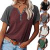 Loose Women's Short Sleeve V-Neck Color Block Casual T-shirt Button Decor Top