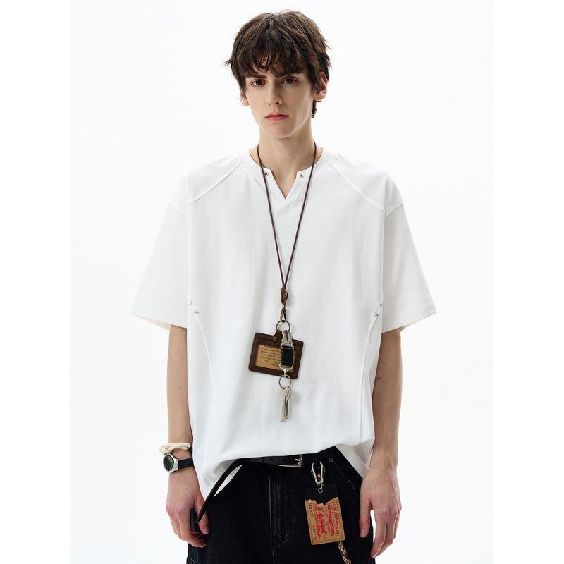 Madwitch Summer Casual Deconstructed Design Small V-Neck Short-Sleeved Unisex Loose Versatile Vibe High-End T-Shirt