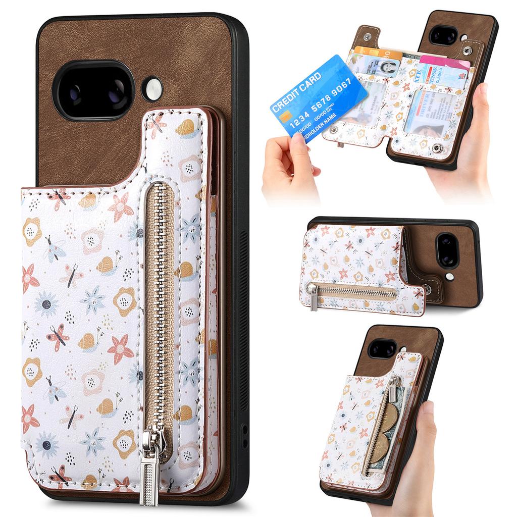 For Google Pixel 9a Leather Phone Cover with RFID Blocking Zipper Card Bag Kickstand