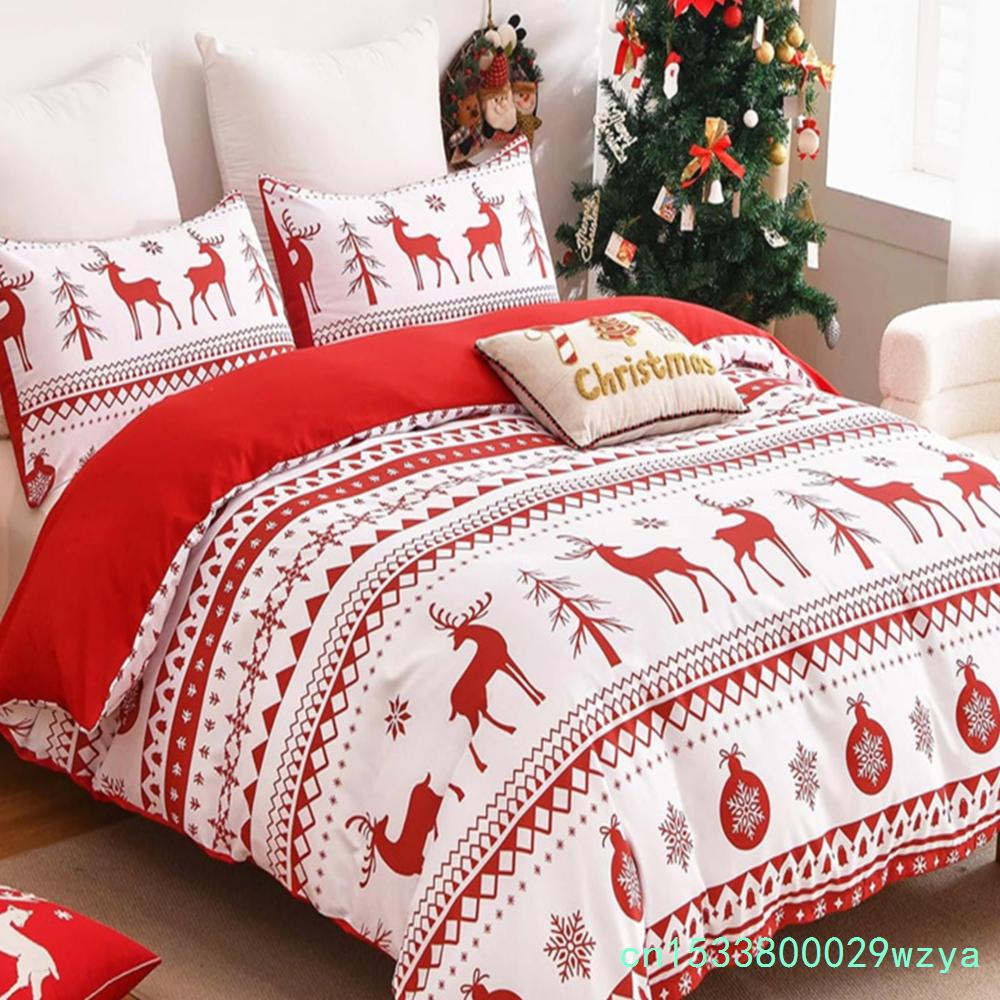 Christmas 3-piece Set With Red Reindeer Snowflake Pattern decoration, Soft ultra-fine Fiber Bedding Set