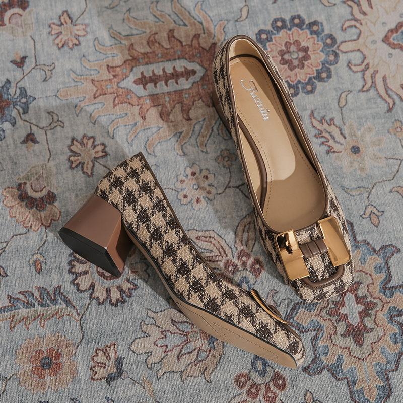Xiaohongshu Popular High Heels Women's French Retro Plaid H Buckle Thousand Bird Grid Fashion 2025 Spring New Single Shoes