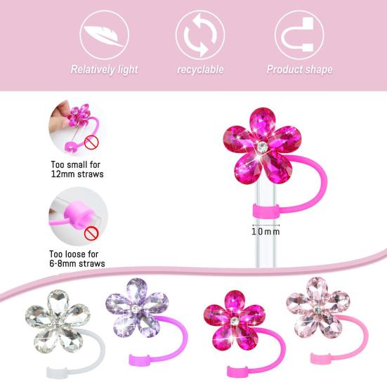 4 ks Květinové krytky na brčka pro hrnek Prachotěsné ozdoby na brčka s kamínky