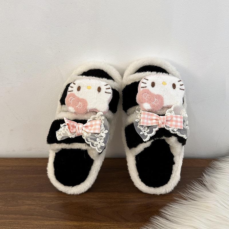 Vitality cute cartoon kitten fluffy slippers female 2025 autumn and winter fashion versatile casual one-word cotton slippers